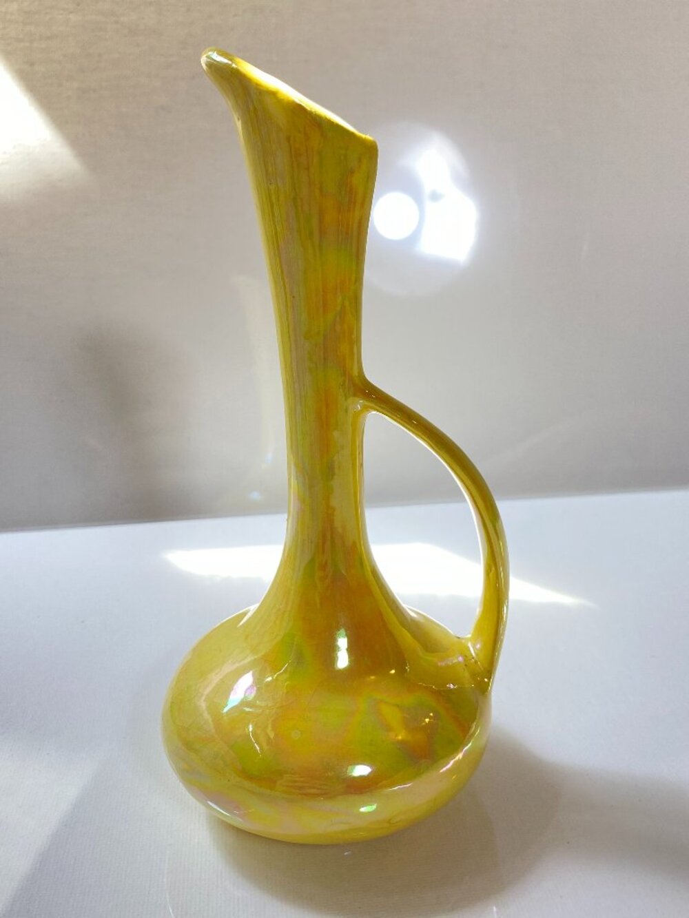 VTG Yellow Ceramic Lustre Glaze Iridescent Ewer Pitcher Bud Vase, Signed, 7" MCM